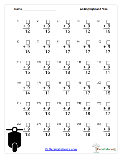 Add Nine Horizontal Practice Worksheet