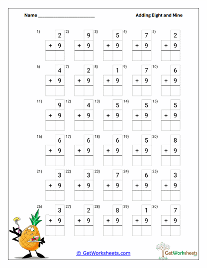 Vertical Add Nine Worksheet