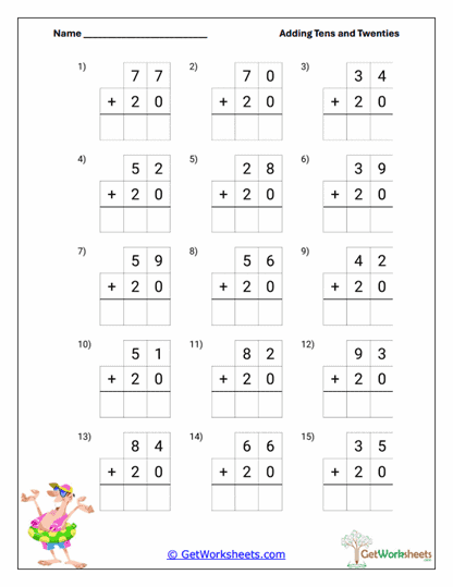 Horizontal Twenty Addition Worksheet