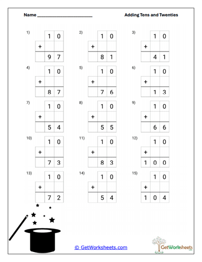 Vertical Ten Addition Worksheet