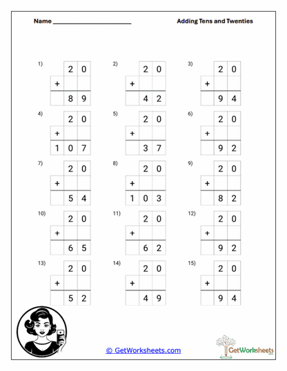 Vertical Twenty Addition Worksheet