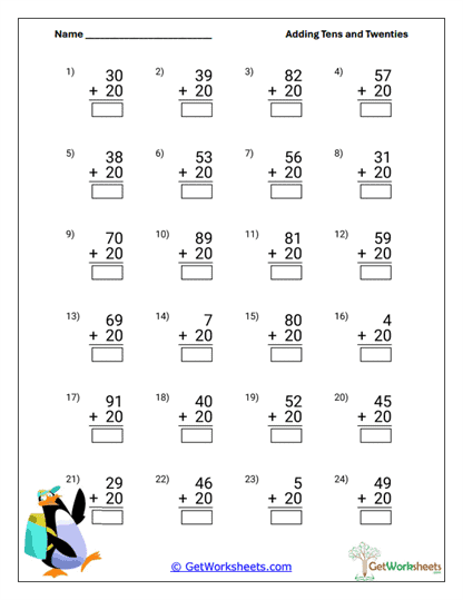 Add Twenty Practice Worksheet