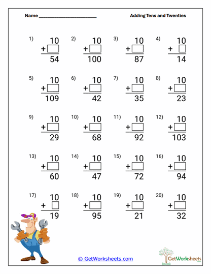Add Ten to Larger Numbers Worksheet