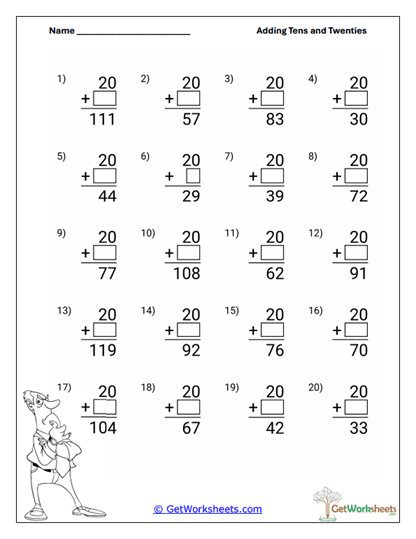 Add Twenty to Larger Numbers Worksheet
