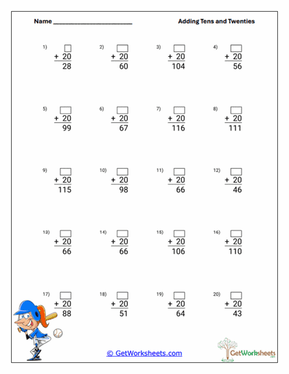 Add Twenty Horizontal Worksheet