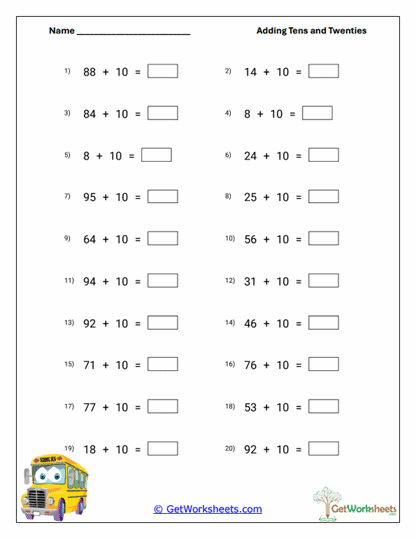 Vertical Add Ten Worksheet