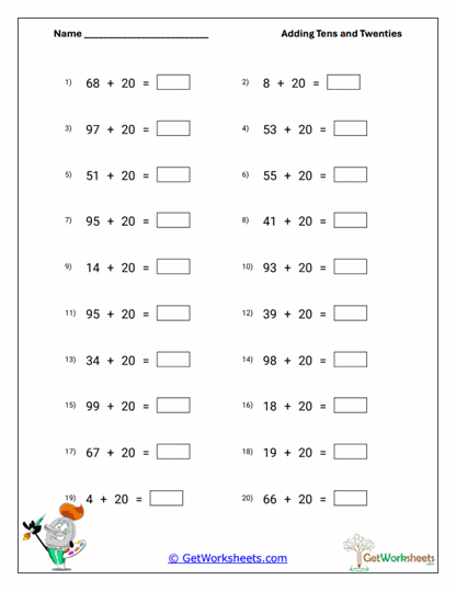 Vertical Add Twenty Worksheet