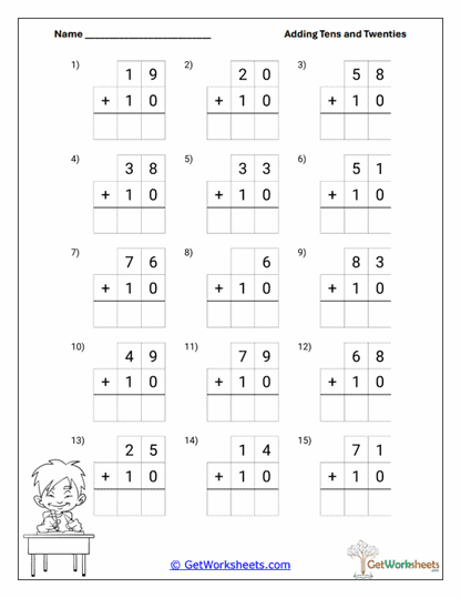Horizontal Ten Addition Worksheet
