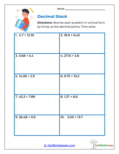 Decimal Stack Worksheet