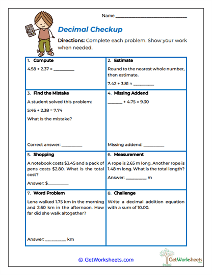 Decimal Checkup Worksheet