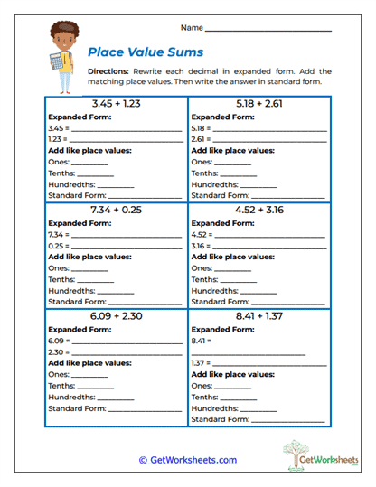 Place Value Sums Worksheet