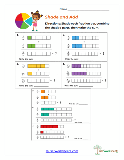 Adding Fractions (Like Denominators) Worksheets