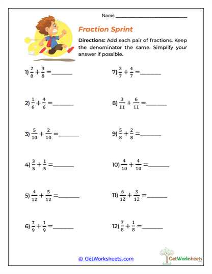 Fraction Sprint Worksheet