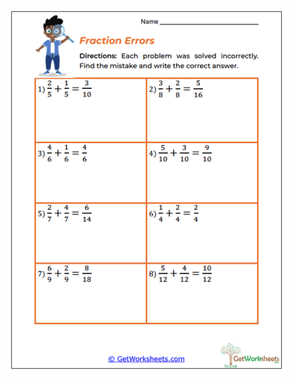 Fraction Errors Worksheet