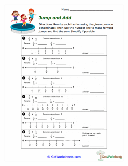 Adding Fractions (Unlike Denominators) Worksheets