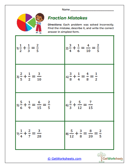 Fraction Mistakes Worksheet