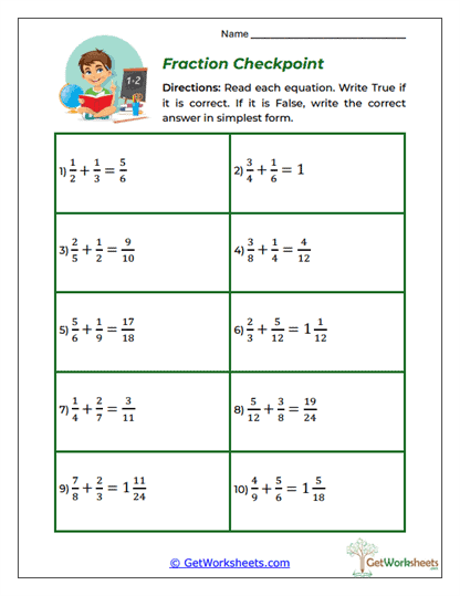Fraction Checkpoint Worksheet