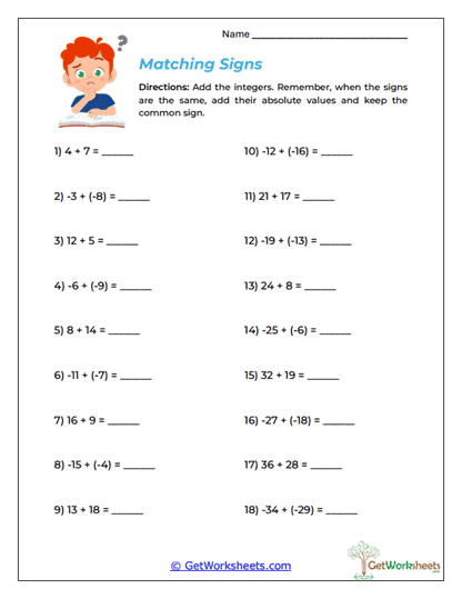 Matching Signs Worksheet