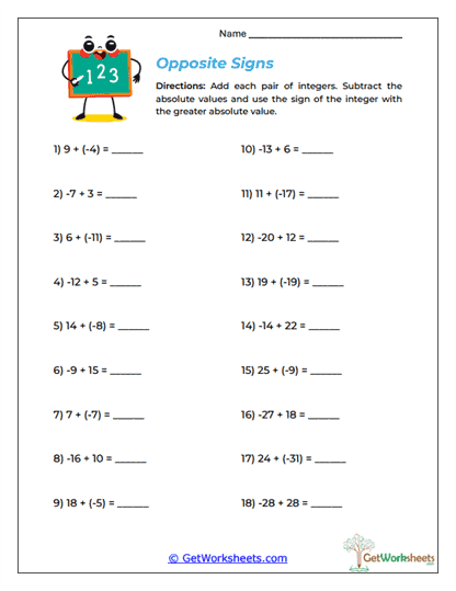 Opposite Signs Worksheet