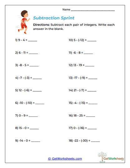 Subtraction Sprint Worksheet