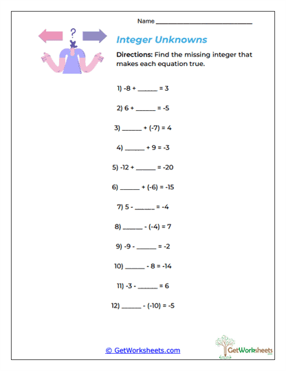 Integer Unknowns Worksheet