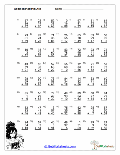 Multi-Digit Addition Sprint Worksheet