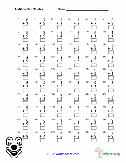 Timed Addition Boxed Format Worksheet