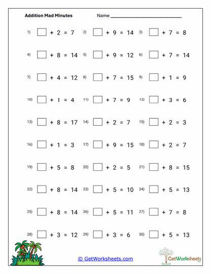 Addition Completion Problems Worksheet