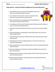Video Game Compare Worksheet - Difference Unknown Problems