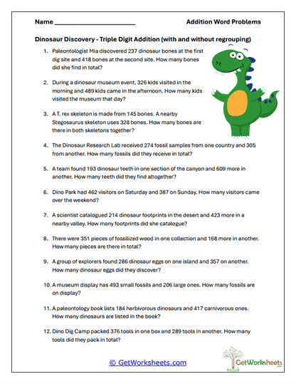 Dinosaur Triple-Digit Worksheet