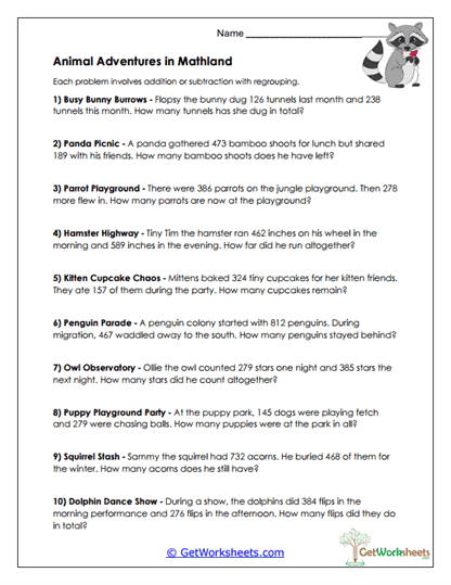 Animal Adventure Problems Worksheet