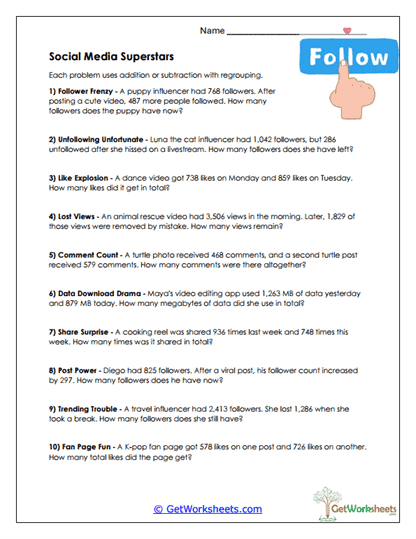 Social Media Math Stories Worksheet