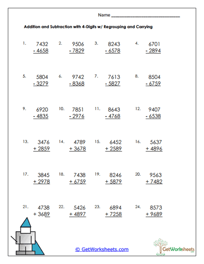 Four-Digit Regrouping Practice Worksheet