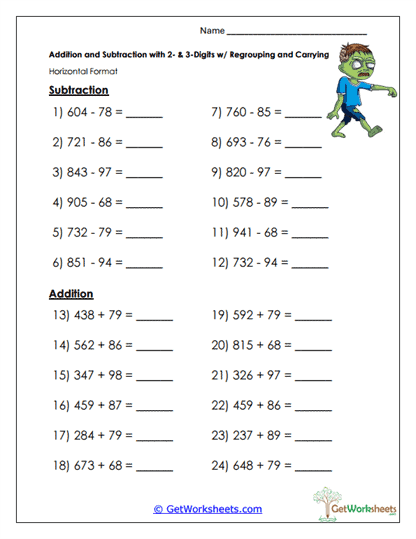 Mixed Regrouping Practice Worksheet