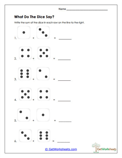 Dice Sum Addition Worksheet