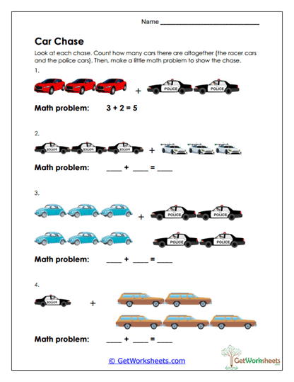 Car Chase Addition Worksheet