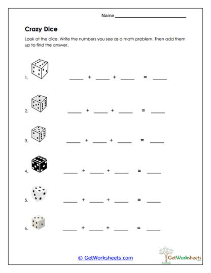 Dice Addition Problems Worksheet