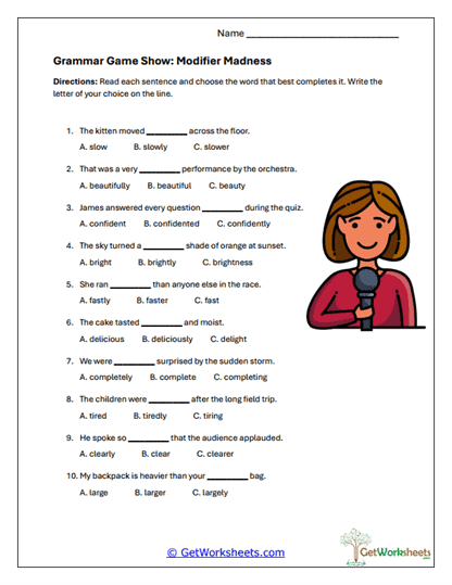 Modifier Madness Game Show Worksheet