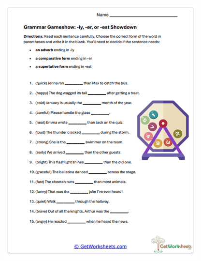 Grammar Gameshow: -ly, -er, -est Worksheet