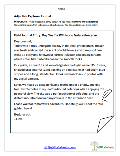 Adjective Explorer Journal Worksheet
