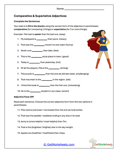 Comparative & Superlative Adjectives Worksheet