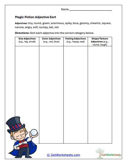 Magic Potion Adjective Sort Worksheet
