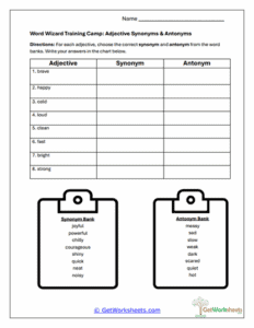 Adjective Synonyms and Antonyms Worksheet - Vocabulary Precision