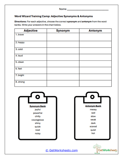 Adjective Synonyms and Antonyms Worksheet
