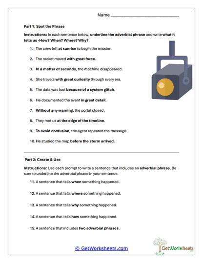 Adverbial Phrase Practice Worksheet