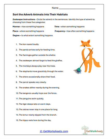 Adverb Animal Sorting Worksheet