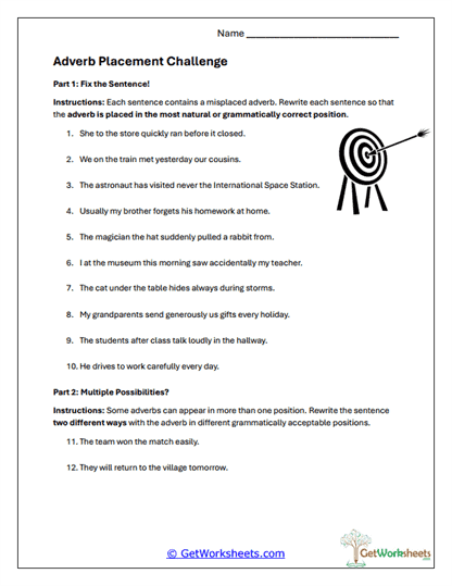 Adverb Placement Challenge Worksheet