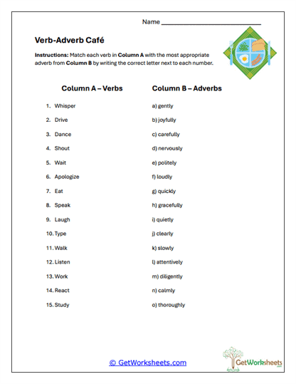 Verb-Adverb Café Worksheet