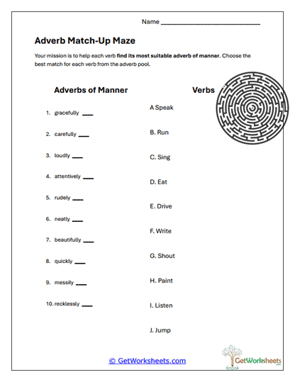 Adverb Match-Up Maze Worksheet