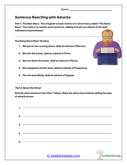 Sentence Rewriting with Adverbs Worksheet
